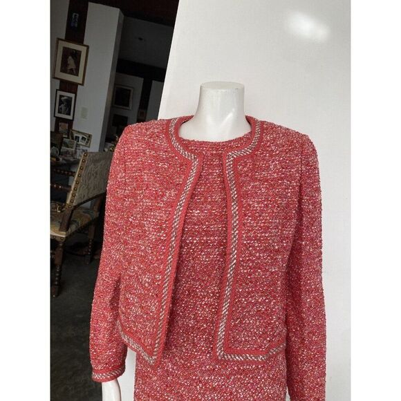 St. John Suit Dress Set Size 8 Wool Blend Tweed Pink Coral White St Classic - Picture 5 of 15